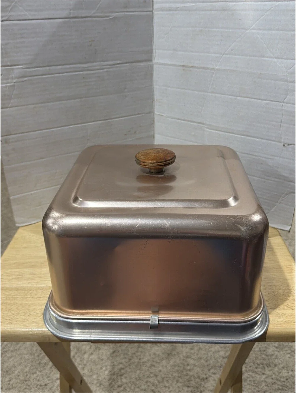 Vintage Mirro 11x11x8 Aluminum Square Cake Pan Slide Lock on Rose/Copper Lid